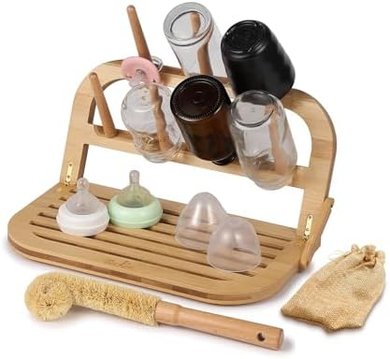Space-Saving Bamboo Baby Bottle Drying Rack & Brush