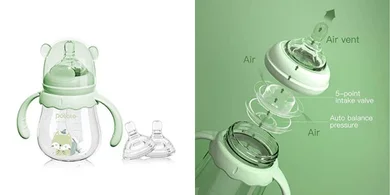 Green Potato Glass Baby Bottles (3-6 months, medium flow, 2 nipples, 6 oz)